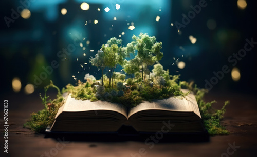 Magic book with green plants, magical nature's enchantment, Generative AI