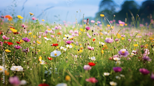 A beautiful, sun-drenched spring summer meadow. Natural colorful panoramic landscape with many wild flowers of daisies against blue sky. Soft selective focus. © Irina Sharnina