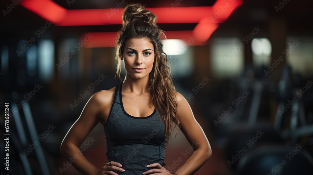 Fototapeta premium Perfect body. A slender lady poses showing her ideal forms, muscles against the backdrop of the gym, copy space, banner