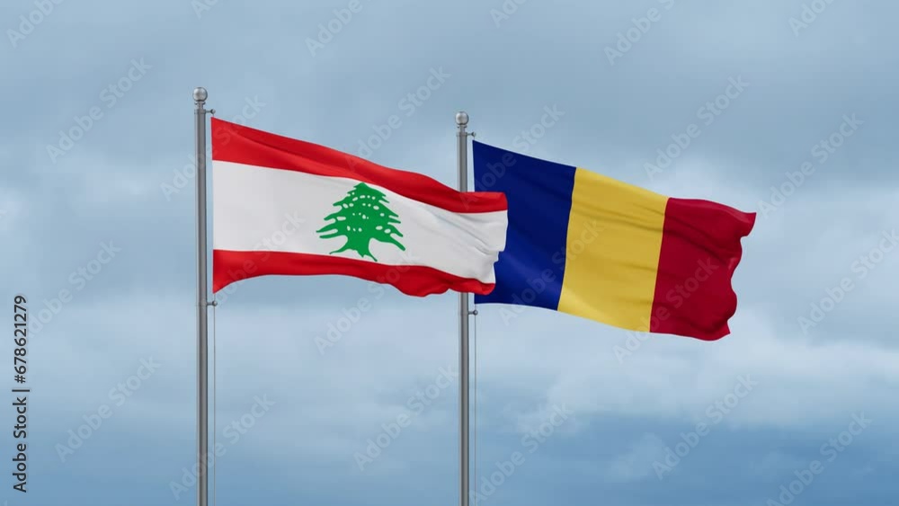 Chad flag and Lebanon flag waving together on cloudy sky, endless seamless loop, two country relations concept Chad flag and Lebanon flag waving together on cloudy sky, endless seamless loop, two country relations concept
