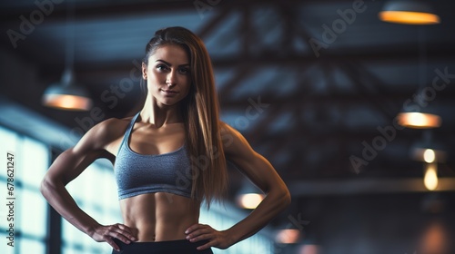 Perfect body. A slender lady poses showing her ideal forms  muscles against the backdrop of the gym  copy space  banner