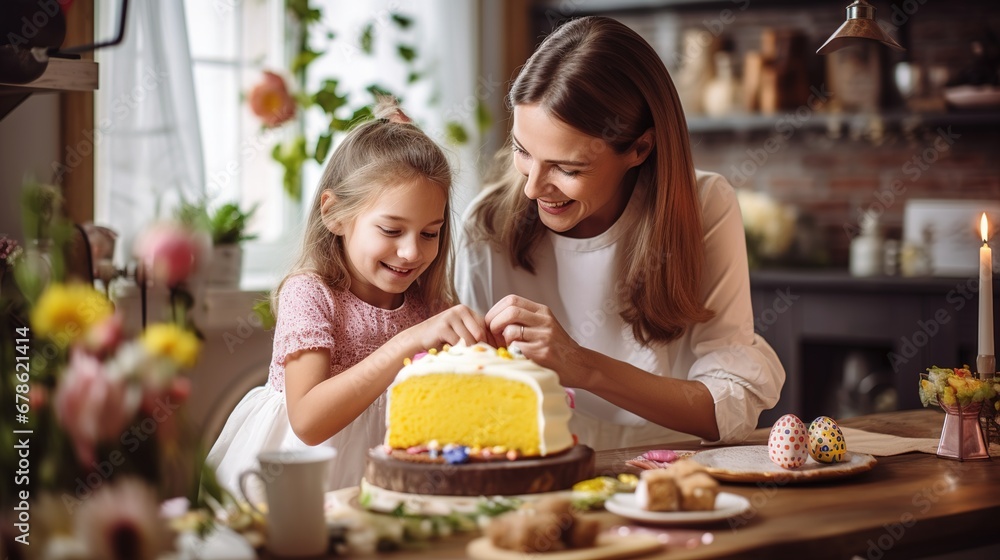 Happy holiday . Mother and her daughter cute little girl decorate Easter bread. The family is preparing for Easter. Happy holiday . Mother and her daughter cute little girl decorate Easter bread. The family is preparing for Easter.