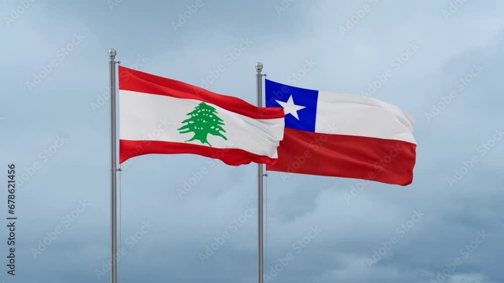 Chile flag and Lebanon flag waving together on cloudy sky, endless seamless loop, two country relations concept Chile flag and Lebanon flag waving together on cloudy sky, endless seamless loop, two country relations concept