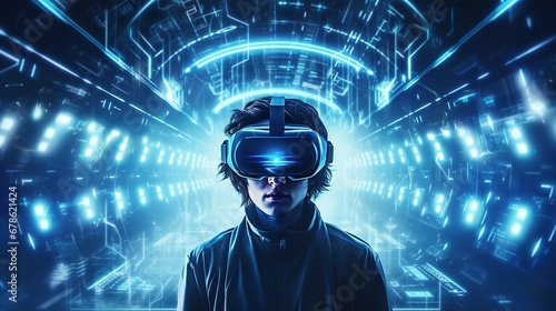 Virtual reality technology concept. Man wearing VR glasses. Futuristic lifestyle.