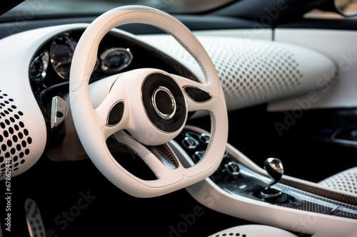 Car interior white leather, aluminum