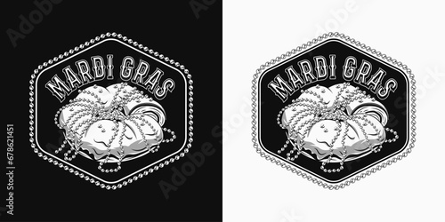 Carnival hexagonal Mardi Gras label like signboard with traditional king cake  string of beads  text. For prints  clothing  t shirt  surface design Vintage monochrome illustration Not AI