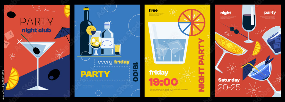 Fototapeta premium Cocktail party poster. Minimalist promotion cover with alcohol cocktail drinks, bar menu and garnish elements. Vector modern cover