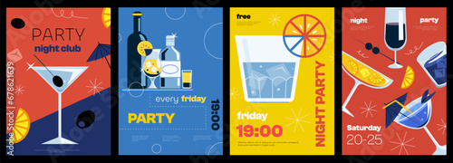 Cocktail party poster. Minimalist promotion cover with alcohol cocktail drinks, bar menu and garnish elements. Vector modern cover photo