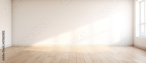 Empty studio room with wooden floor illuminated by sunlight. Minimalistic interior, free space for design photo