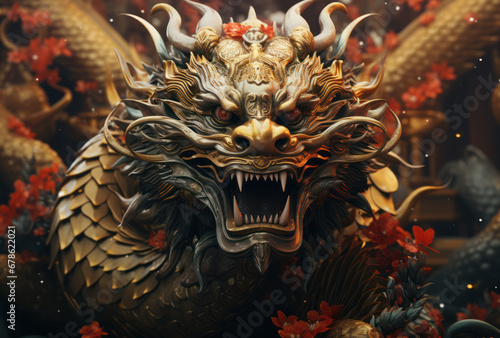 A Chinese dragon celebrating the Year of the Dragon in red  and gold colors  Generative AI