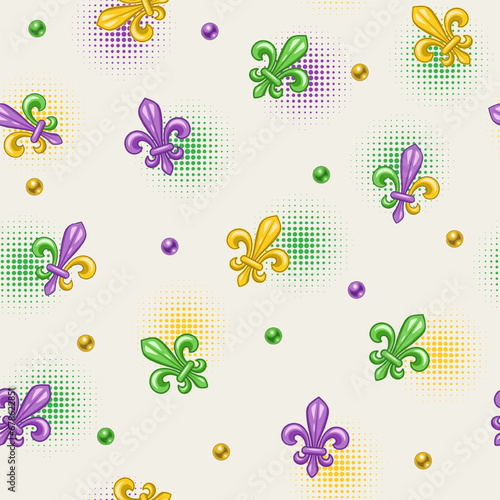Seamless pattern with scattered fleur de lis symbol, beads, halftone shapes. Mardi gras carnival design on white background. Vintage illustration for prints, clothing, surface design