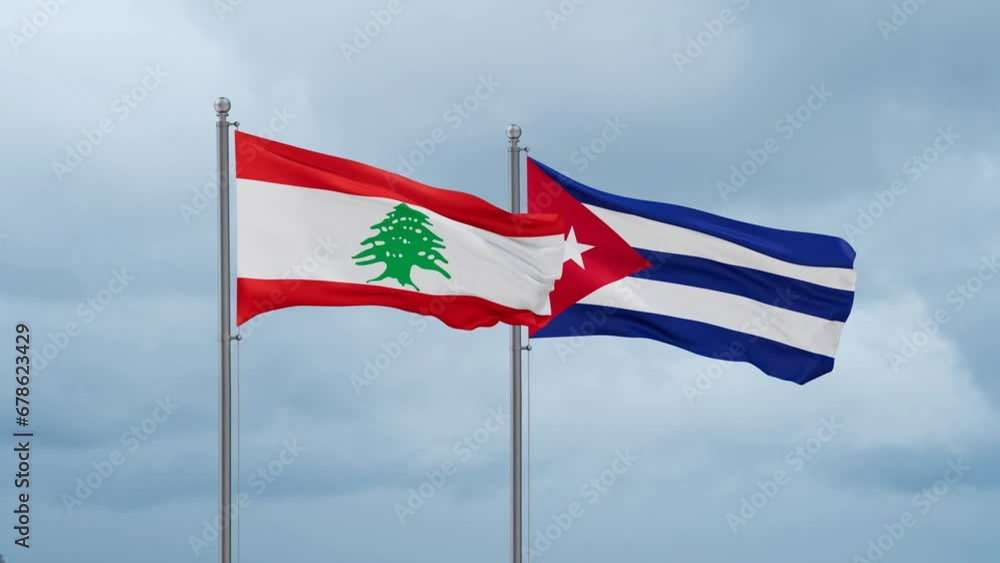 Cuba and Lebanon flag waving together on cloudy sky, endless seamless loop, two country cooperation concept Cuba and Lebanon flag waving together on cloudy sky, endless seamless loop, two country cooperation concept
