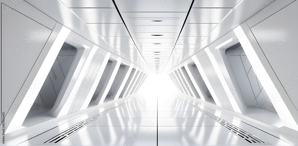 Empty Long Light Corridor. Modern white background. Futuristic Sci-Fi Triangle Tunnel. Empty Long Light Corridor. Modern white background. Futuristic Sci-Fi Triangle Tunnel.