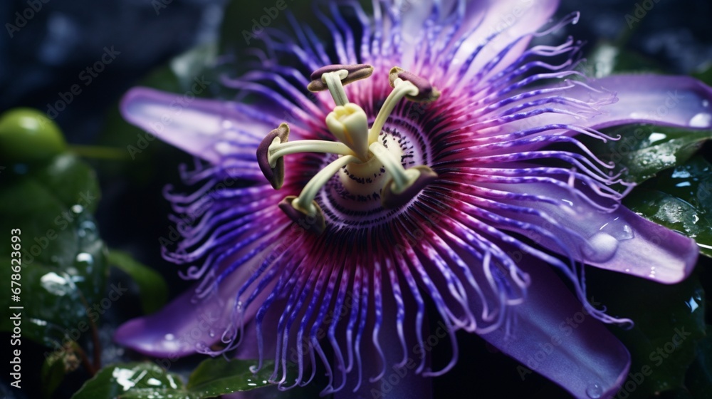 Obraz premium A close-up view of a passion flower, with its intricate, spiral-shaped corona and vibrant purple petals, resembling a work of natural art.