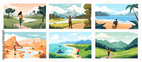 People enjoying landscape view. Cartoon characters hiking and camping on nature, travelers and hikers discover new places. Vector isolated set