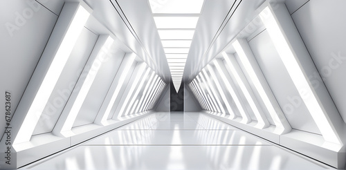 Empty Long Light Corridor. Modern white background. Futuristic Sci-Fi Triangle Tunnel.