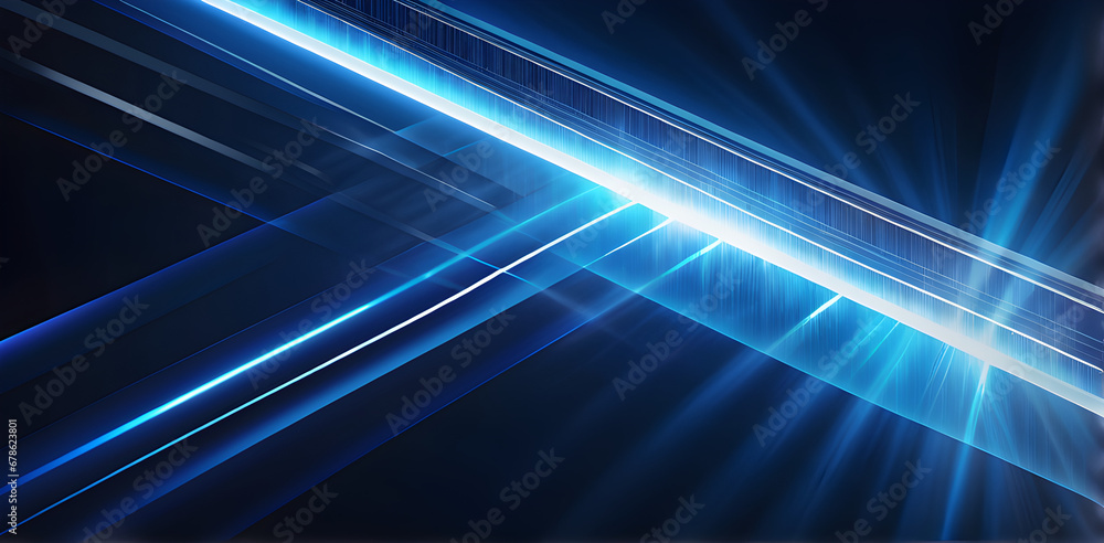 science, futuristic, energy technology concept. Digital image of light rays, stripes lines with blue light, speed and motion blur over dark blue background