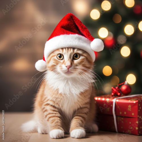 cute cat wearing a Christmas hat sitting in front of a Christmas tree with beautiful bokeh of christmas lights created with Generative AI Technology