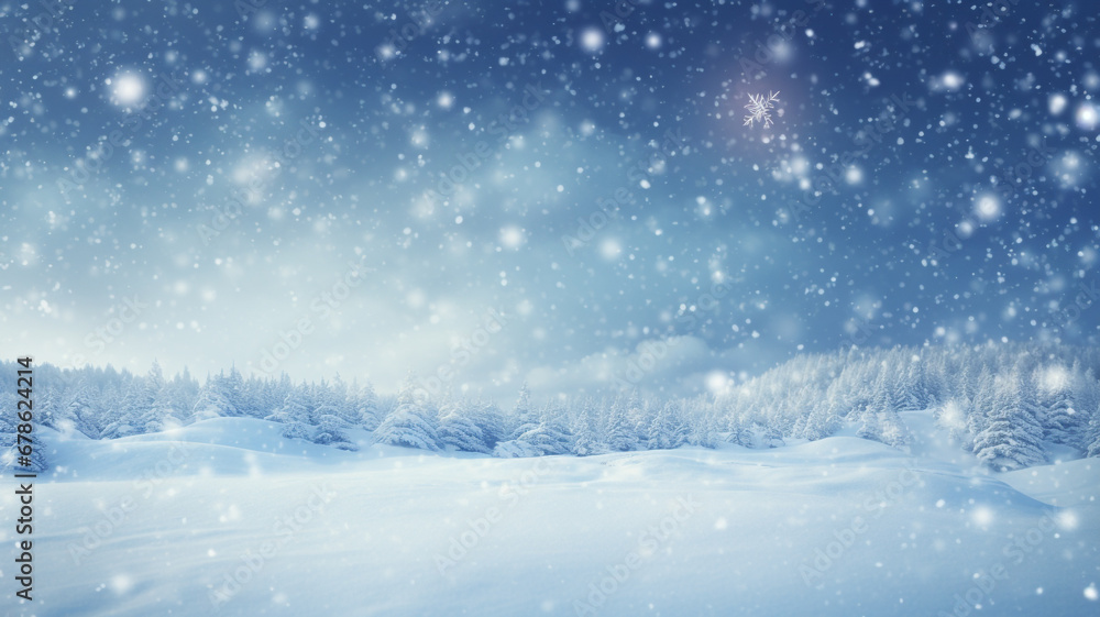 Beautiful background image of light snowfall falling over of snowdrifts