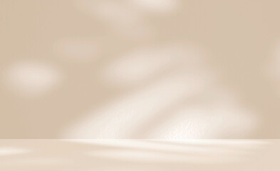 Empty cream beige room studio with shadow of leaves for product presentation. Autumn background. Summer tropical backdrop. Cosmetic showroom.
