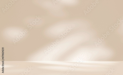 Empty cream beige room studio with shadow of leaves for product presentation. Autumn background. Summer tropical backdrop. Cosmetic showroom.