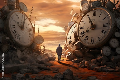 A mystical scene with a man walking between giant clocks photo