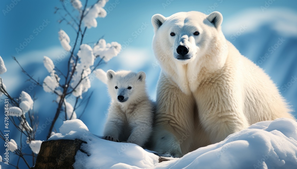 Portrait of a polar bear with a bear cub against the backdrop of snowy Antarctica. Portrait of a polar bear with a bear cub against the backdrop of snowy Antarctica.