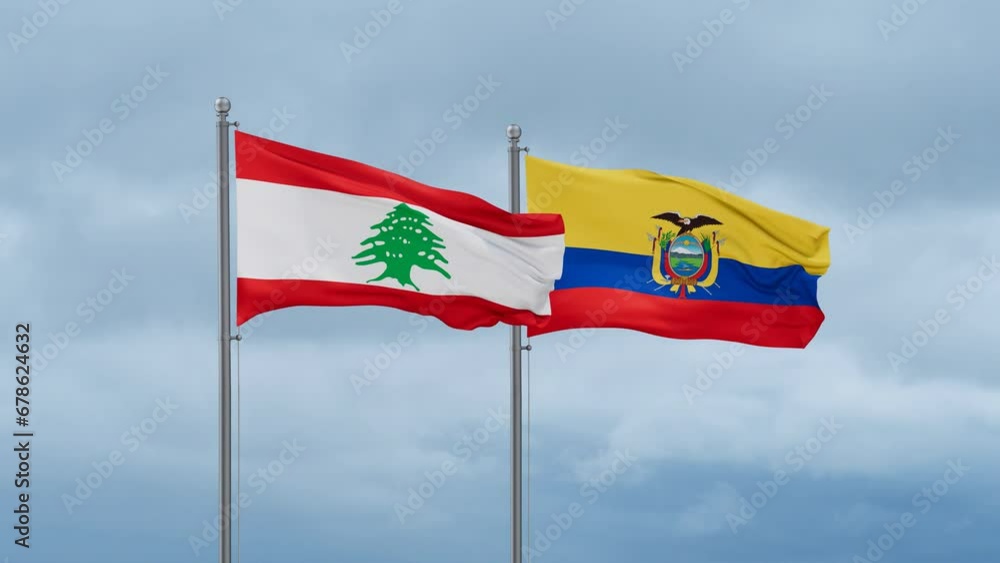 Ecuador flag and Lebanon flag waving together on cloudy sky, endless seamless loop, two country relations concept Ecuador flag and Lebanon flag waving together on cloudy sky, endless seamless loop, two country relations concept