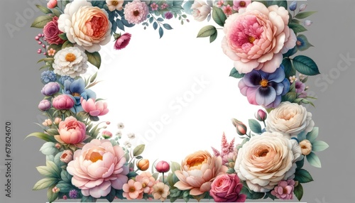 Panoramic watercolor illustration, roses, peonies, tulips in corners, blank center for text, pastel palette on white background. 