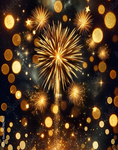 Fireworks with golden bokeh lights.
