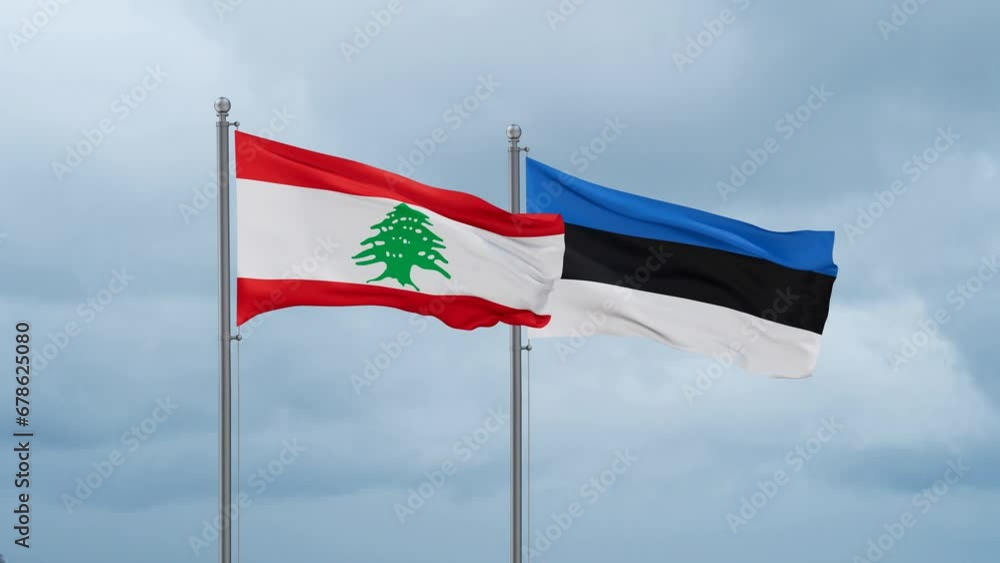 Estonia flag and Lebanon flag waving together on cloudy sky, endless seamless loop, two country relations concept Estonia flag and Lebanon flag waving together on cloudy sky, endless seamless loop, two country relations concept
