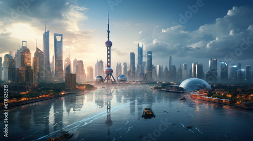 Futuristic skyline of Shanghai  wallpaper with skyscrapers  Generative AI