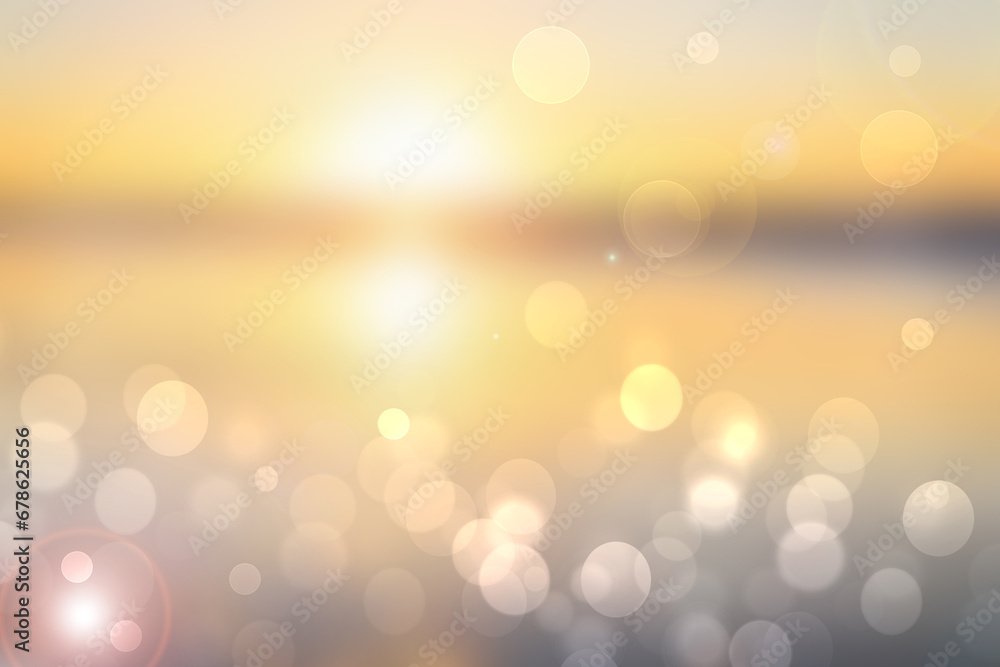 Abstract sunset illustration. Abstract evening or sunset mood background texture with light blue ocean and pastel colored bokeh lights and yellow sunny sky. Beautiful sunset.