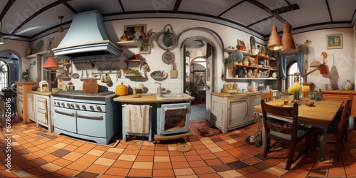 A 360 spherical panorama of a kitchen with lots of furniture, AI