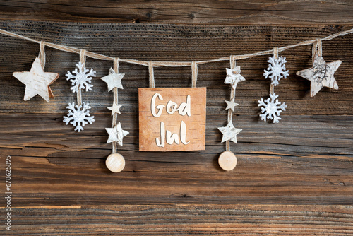Wooden Decorated Christmas Label With Text God Jul