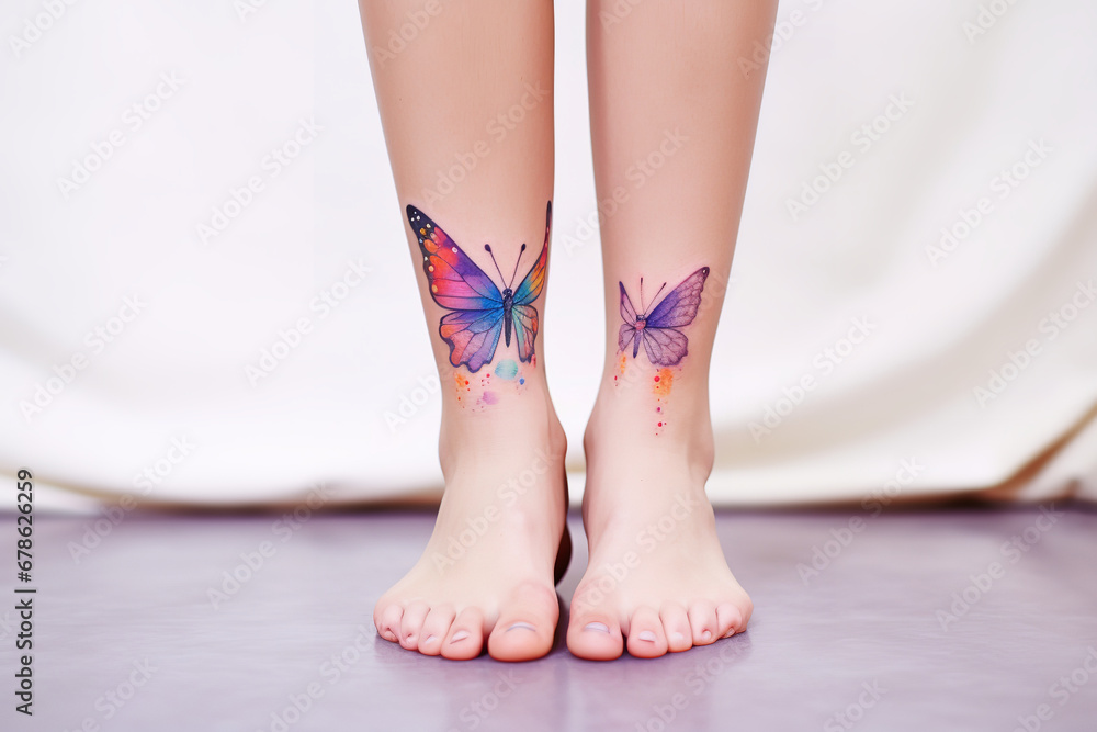 A watercolor tattoo featuring a vivid butterfly adorns a woman's ankle, displaying an array of colors