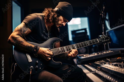 A man with intricate sleeve tattoos strums an electric guitar passionately in a music studio filled with various instruments