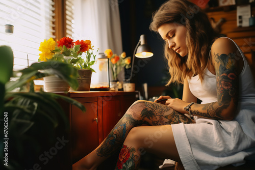 A woman carefully applies a thin layer of healing ointment to a fresh tattoo on her leg, following aftercare instructions for optimal healing photo