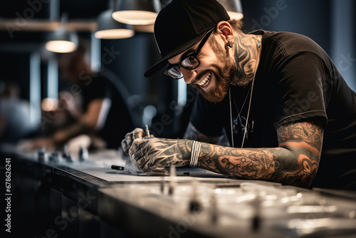 A tattoo artist is captured smiling as they meticulously clean and assemble tattoo needles in a sterile workspace before starting a session photo