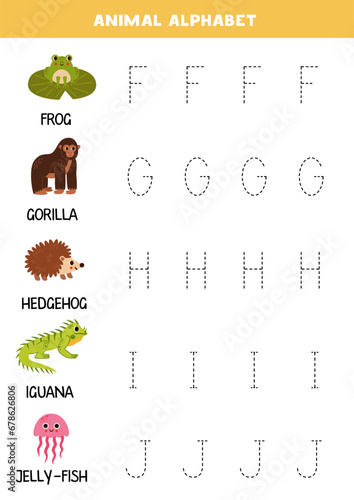 Tracing letters of animal alphabet. Writing practice.