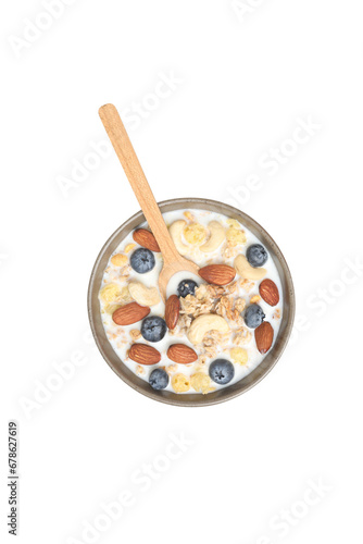 Muesli with yogurt, isolated on white background