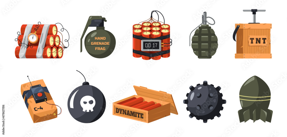 Cartoon bomb set. Dynamite and bomb military explosive ammunition devic eand artillery game asset. Vector collection - obrazy, fototapety, plakaty 