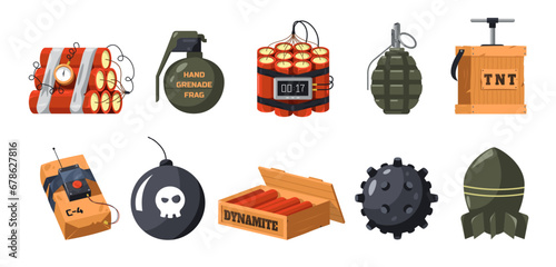 Cartoon bomb set. Dynamite and bomb military explosive ammunition devic eand artillery game asset. Vector collection