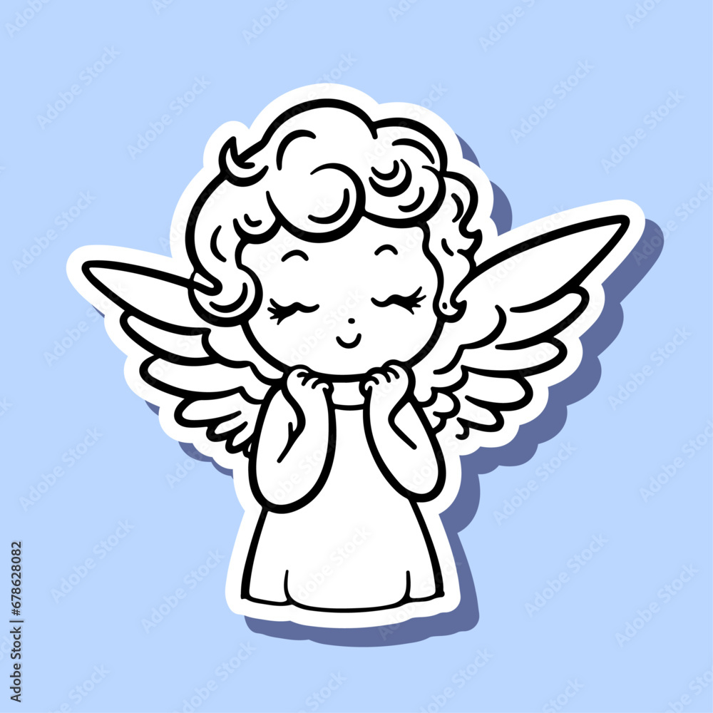 Fototapeta premium Vector little angel sticker cartoon doodle illustration vector. Cute hand drawn angel illustration doodle style line art isolated
