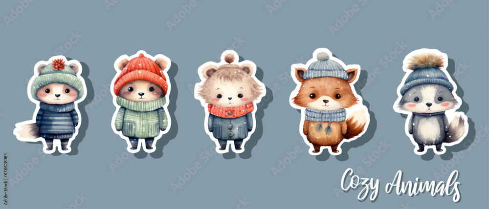 Obraz premium Vector sticker set watercolor winter animals in sweater and warm hat, scarf design for new year card, merry christmas card, cute bear character isolated on white winter animals trendy cute cozy