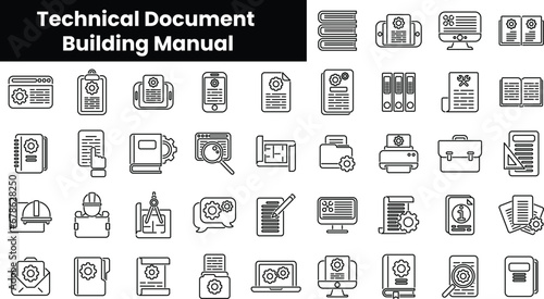 Set of outline technical document building manual icons