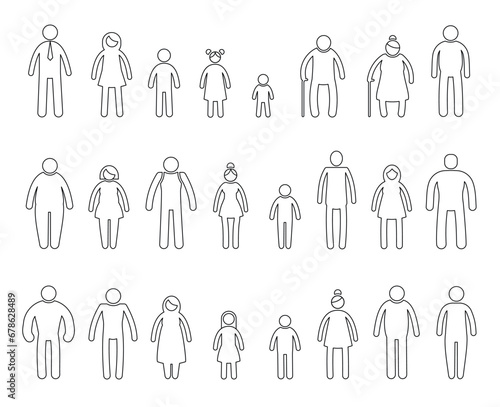 Stick people line icons. Simple outline human characters with hands and legs, family and friends symbols. Doodle pictograms vector set