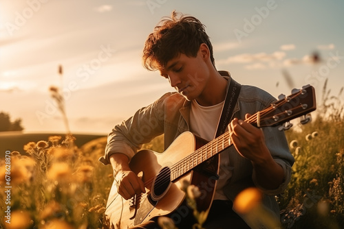 A young man is playing the guitar better in the evening meadow in order to become better and dream of becoming an artist. AI generate.
