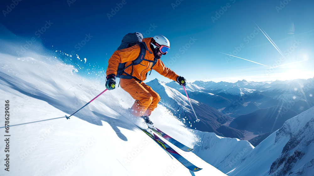 Freeride of experienced skier riding down the hill. Postproducted generative AI illustration.