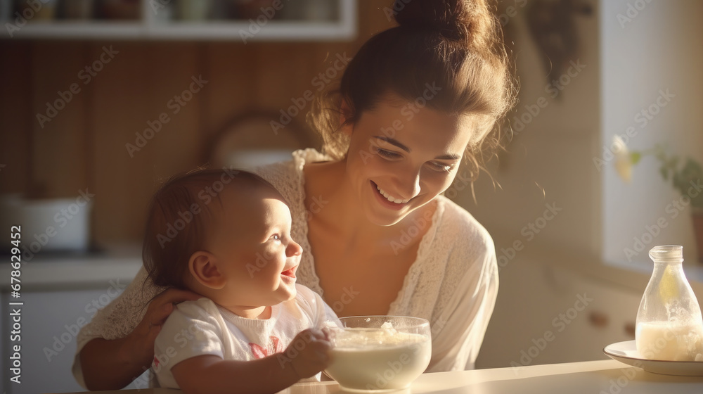 mother spoon feeds a small baby sitting in a high chair at the table, child, kid, infant, newborn, woman, parent, care, family, kitchen, lunch, emotional portrait, joy, smile, food, meal, home, fun mother spoon feeds a small baby sitting in a high chair at the table, child, kid, infant, newborn, woman, parent, care, family, kitchen, lunch, emotional portrait, joy, smile, food, meal, home, fun